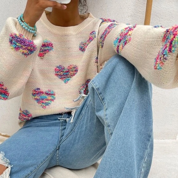 Sweater heart rainbow knit womens fuzzy cute - Picture 9 of 13
